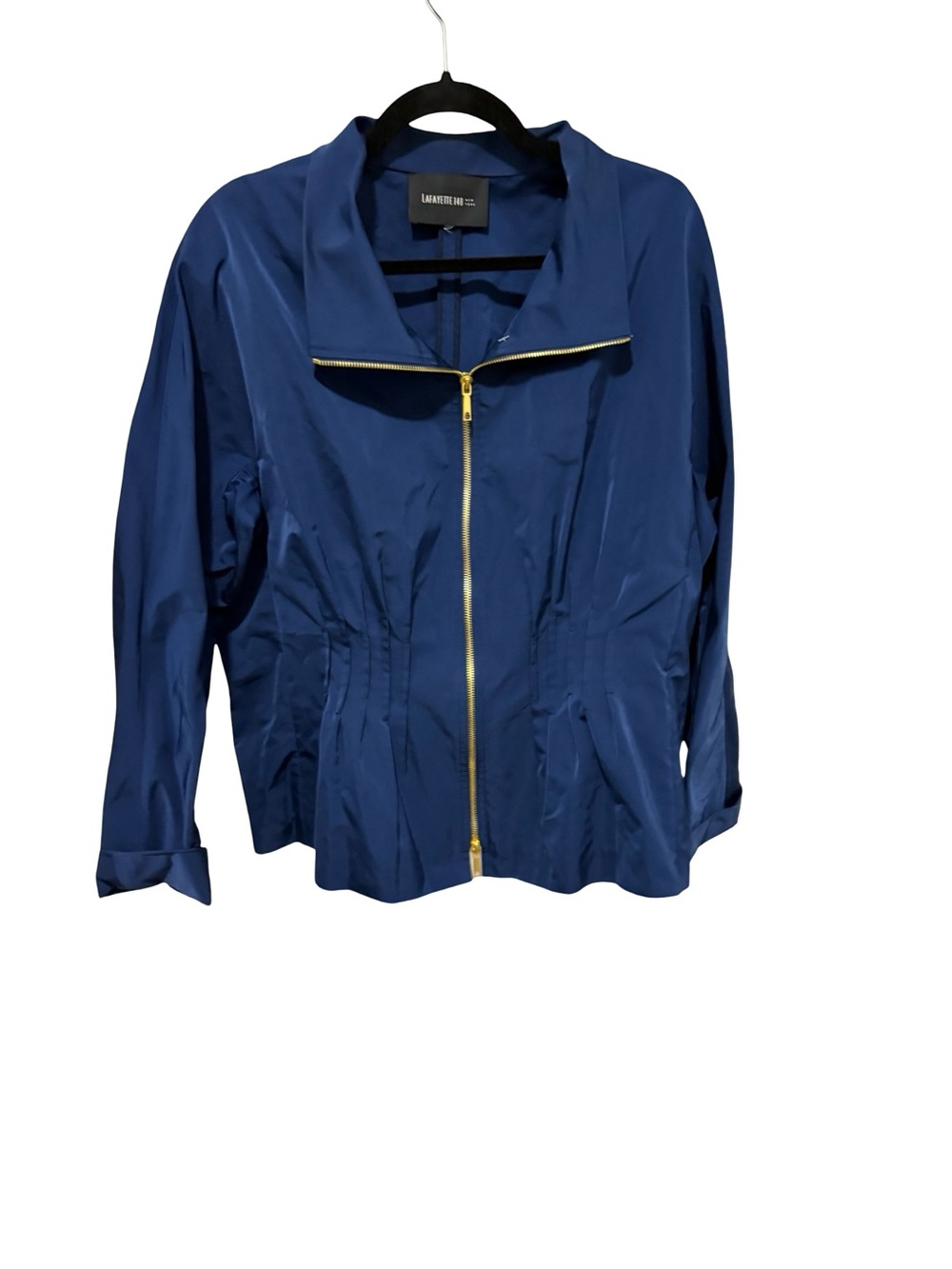 Lafayette 148 NY Navy Blue Zip-Front Jacket, Gold Hardware, Cinched Waist - Picture 1 of 3